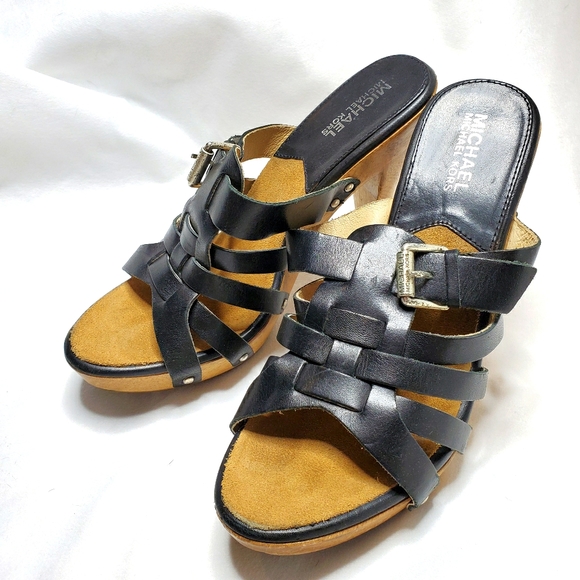 Michael Kors Black Leather Size 8 Wooden Heeled Sandals - Picture 8 of 11
